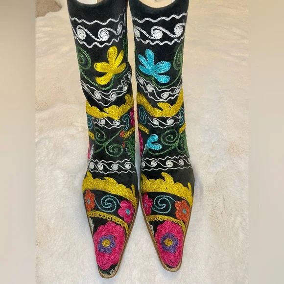 ⚡️Stunning Vintage 90s Neon Floral PSYCHEDELIC Embroidered Kilim Art Heeled Boot - Picture 11 of 16